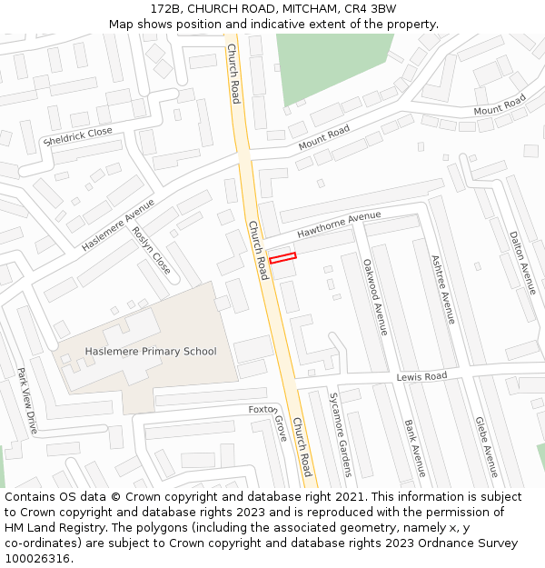 172B, CHURCH ROAD, MITCHAM, CR4 3BW: Location map and indicative extent of plot