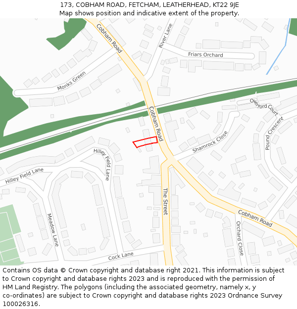 173, COBHAM ROAD, FETCHAM, LEATHERHEAD, KT22 9JE: Location map and indicative extent of plot