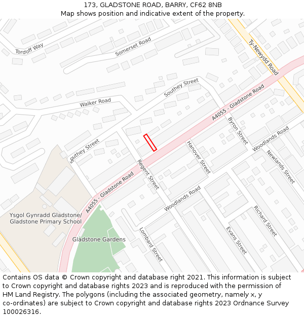 173, GLADSTONE ROAD, BARRY, CF62 8NB: Location map and indicative extent of plot