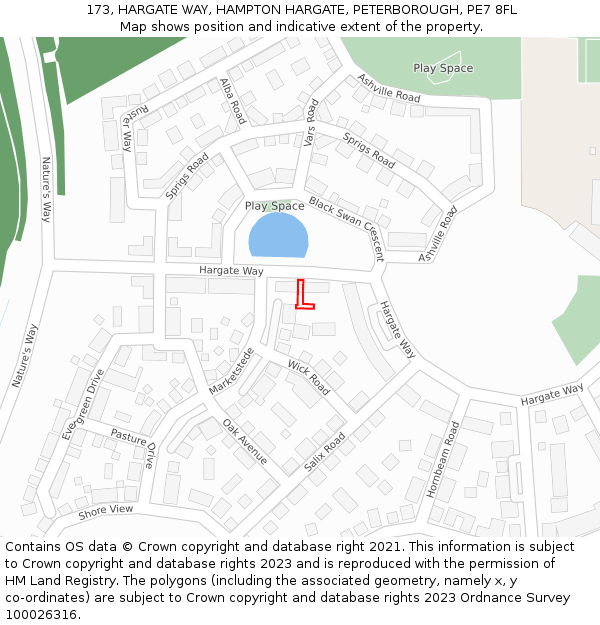173, HARGATE WAY, HAMPTON HARGATE, PETERBOROUGH, PE7 8FL: Location map and indicative extent of plot
