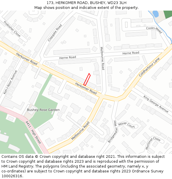 173, HERKOMER ROAD, BUSHEY, WD23 3LH: Location map and indicative extent of plot
