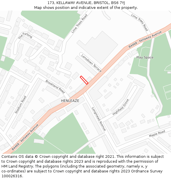 173, KELLAWAY AVENUE, BRISTOL, BS6 7YJ: Location map and indicative extent of plot