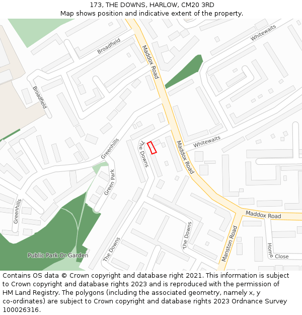 173, THE DOWNS, HARLOW, CM20 3RD: Location map and indicative extent of plot