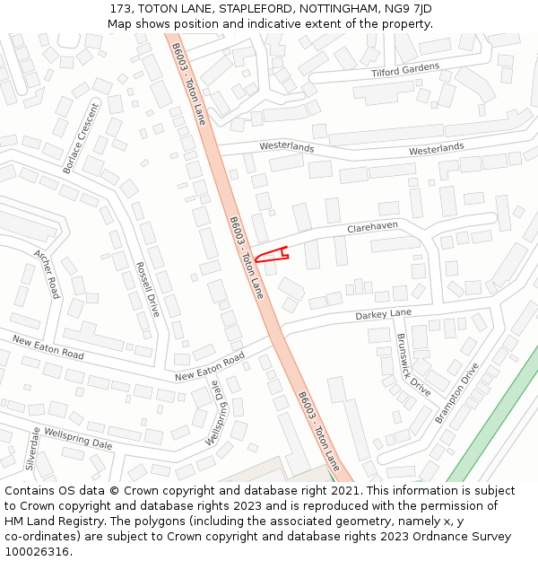 173, TOTON LANE, STAPLEFORD, NOTTINGHAM, NG9 7JD: Location map and indicative extent of plot