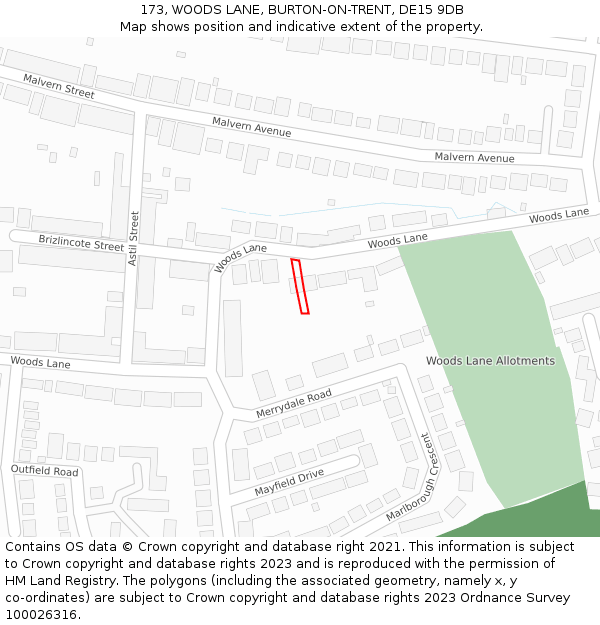 173, WOODS LANE, BURTON-ON-TRENT, DE15 9DB: Location map and indicative extent of plot