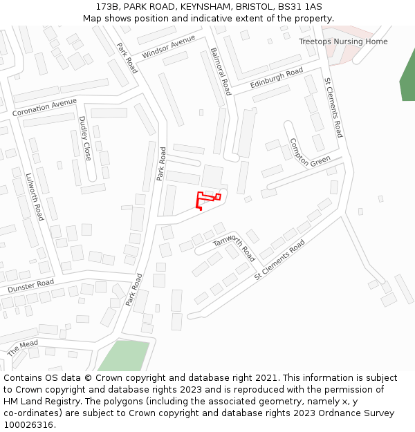 173B, PARK ROAD, KEYNSHAM, BRISTOL, BS31 1AS: Location map and indicative extent of plot