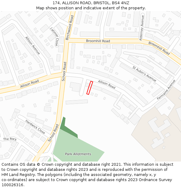 174, ALLISON ROAD, BRISTOL, BS4 4NZ: Location map and indicative extent of plot