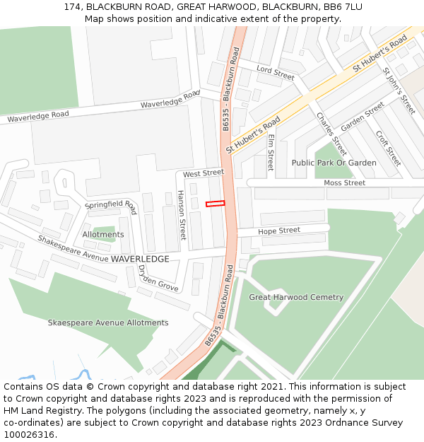 174, BLACKBURN ROAD, GREAT HARWOOD, BLACKBURN, BB6 7LU: Location map and indicative extent of plot
