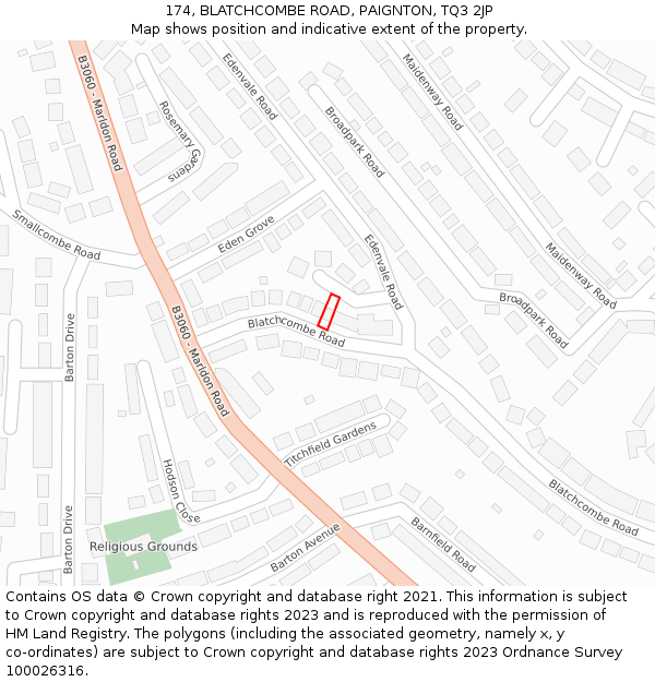 174, BLATCHCOMBE ROAD, PAIGNTON, TQ3 2JP: Location map and indicative extent of plot