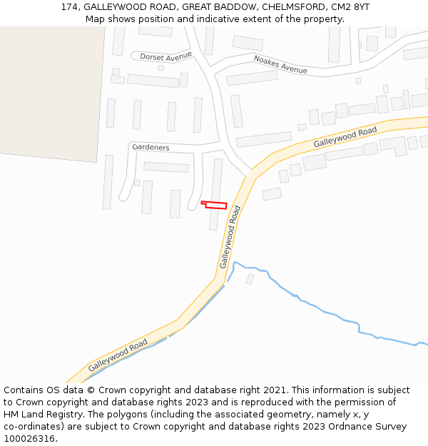 174, GALLEYWOOD ROAD, GREAT BADDOW, CHELMSFORD, CM2 8YT: Location map and indicative extent of plot