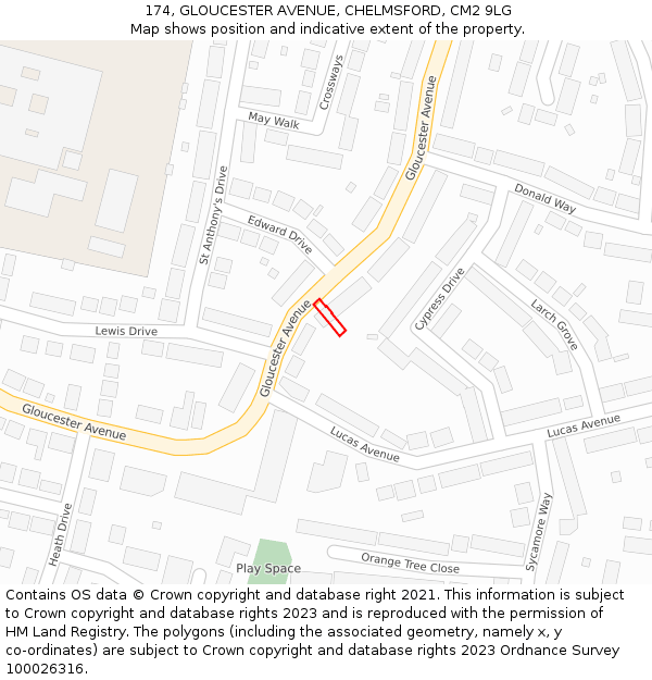 174, GLOUCESTER AVENUE, CHELMSFORD, CM2 9LG: Location map and indicative extent of plot