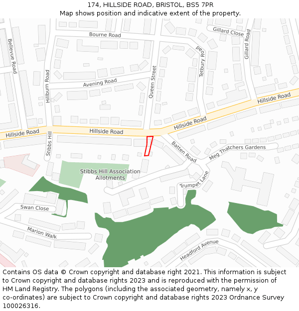 174, HILLSIDE ROAD, BRISTOL, BS5 7PR: Location map and indicative extent of plot