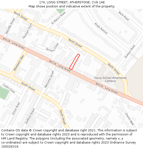 174, LONG STREET, ATHERSTONE, CV9 1AE: Location map and indicative extent of plot