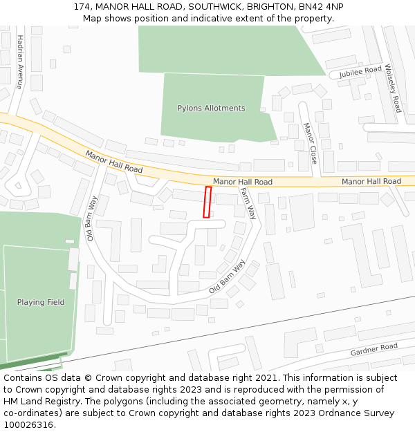 174, MANOR HALL ROAD, SOUTHWICK, BRIGHTON, BN42 4NP: Location map and indicative extent of plot
