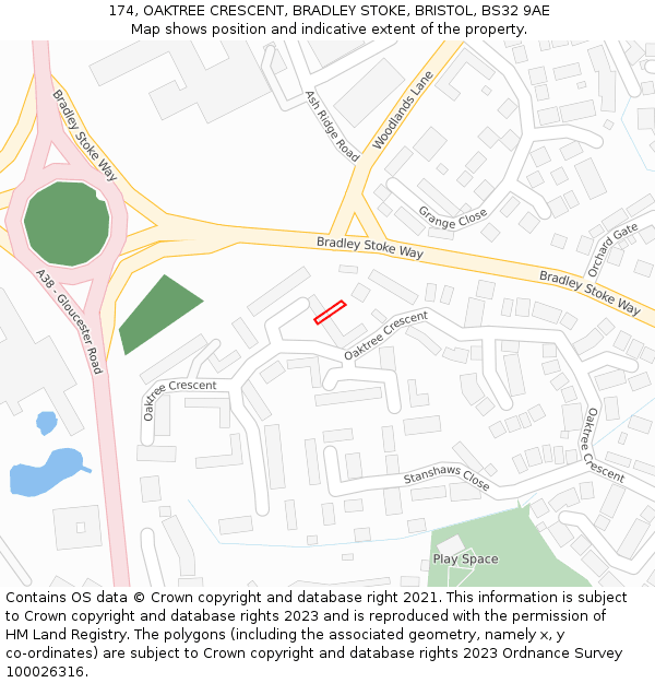 174, OAKTREE CRESCENT, BRADLEY STOKE, BRISTOL, BS32 9AE: Location map and indicative extent of plot