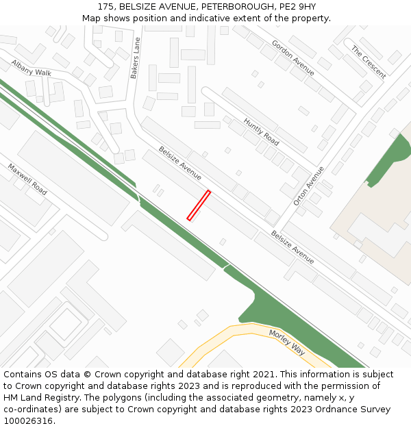 175, BELSIZE AVENUE, PETERBOROUGH, PE2 9HY: Location map and indicative extent of plot