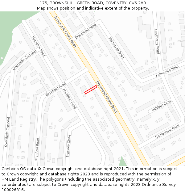175, BROWNSHILL GREEN ROAD, COVENTRY, CV6 2AR: Location map and indicative extent of plot