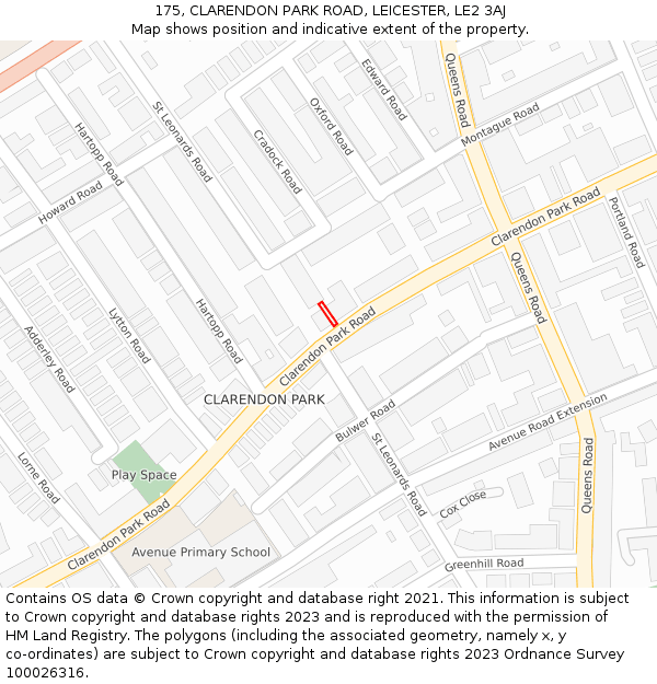 175, CLARENDON PARK ROAD, LEICESTER, LE2 3AJ: Location map and indicative extent of plot