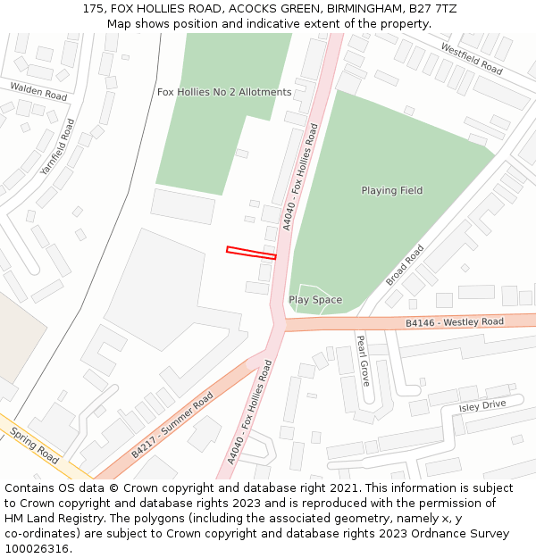 175, FOX HOLLIES ROAD, ACOCKS GREEN, BIRMINGHAM, B27 7TZ: Location map and indicative extent of plot