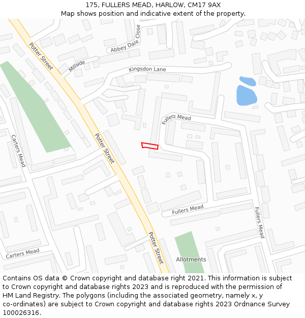 175, FULLERS MEAD, HARLOW, CM17 9AX: Location map and indicative extent of plot