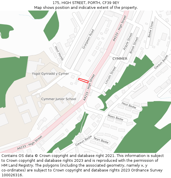 175, HIGH STREET, PORTH, CF39 9EY: Location map and indicative extent of plot