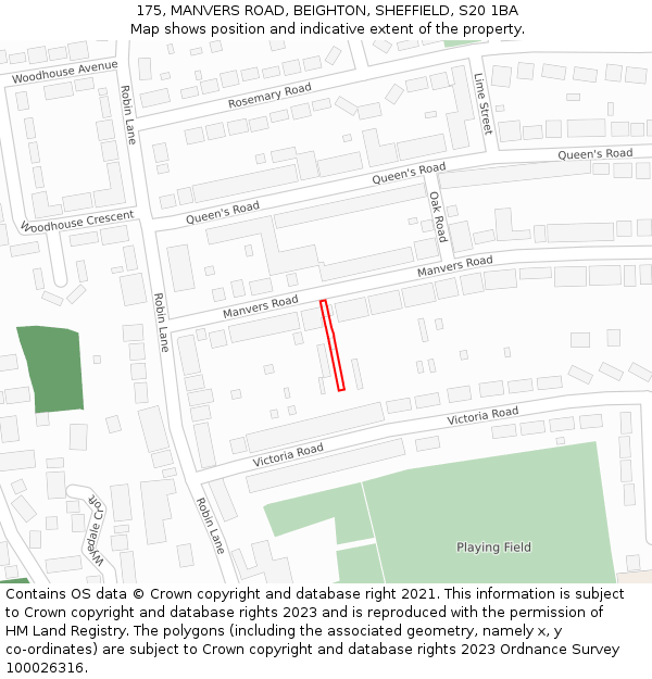 175, MANVERS ROAD, BEIGHTON, SHEFFIELD, S20 1BA: Location map and indicative extent of plot