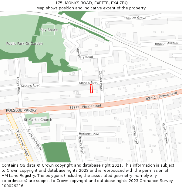 175, MONKS ROAD, EXETER, EX4 7BQ: Location map and indicative extent of plot