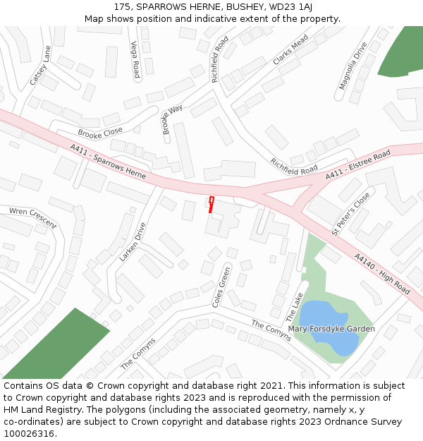 175, SPARROWS HERNE, BUSHEY, WD23 1AJ: Location map and indicative extent of plot