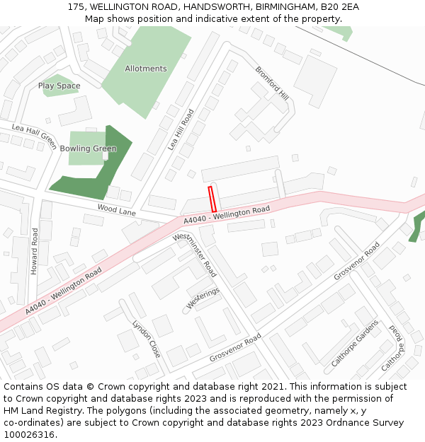 175, WELLINGTON ROAD, HANDSWORTH, BIRMINGHAM, B20 2EA: Location map and indicative extent of plot