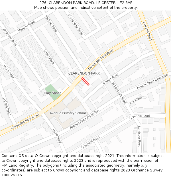 176, CLARENDON PARK ROAD, LEICESTER, LE2 3AF: Location map and indicative extent of plot