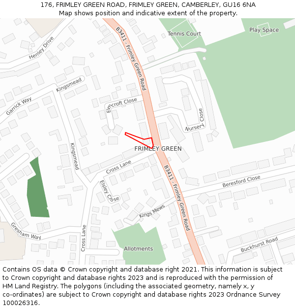 176, FRIMLEY GREEN ROAD, FRIMLEY GREEN, CAMBERLEY, GU16 6NA: Location map and indicative extent of plot