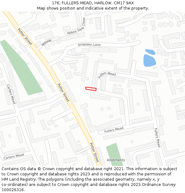 176, FULLERS MEAD, HARLOW, CM17 9AX: Location map and indicative extent of plot