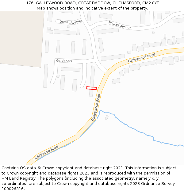 176, GALLEYWOOD ROAD, GREAT BADDOW, CHELMSFORD, CM2 8YT: Location map and indicative extent of plot