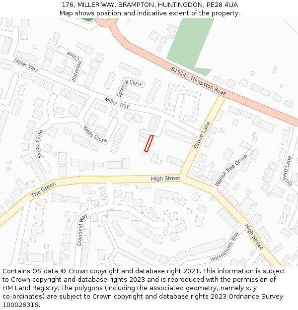 176, MILLER WAY, BRAMPTON, HUNTINGDON, PE28 4UA: Location map and indicative extent of plot