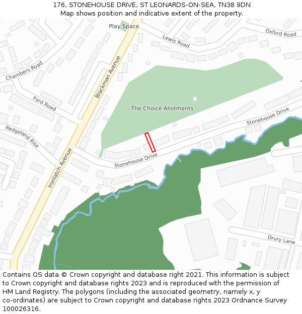 176, STONEHOUSE DRIVE, ST LEONARDS-ON-SEA, TN38 9DN: Location map and indicative extent of plot