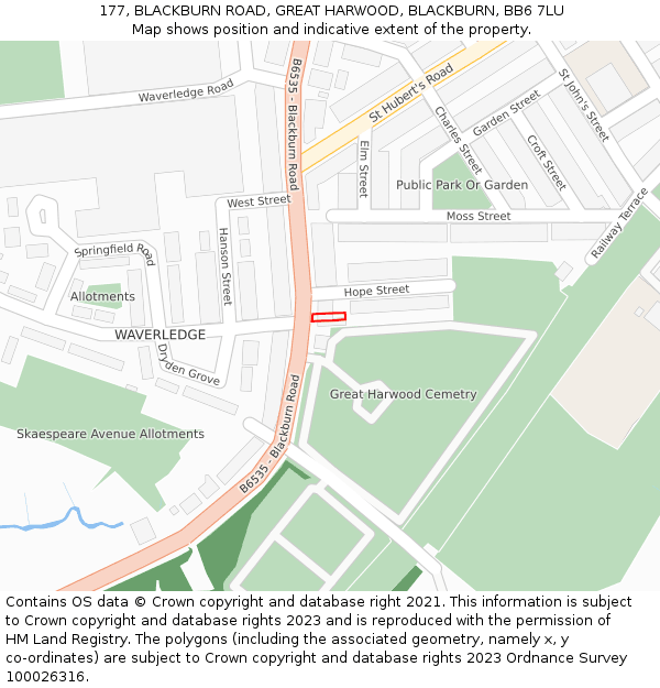 177, BLACKBURN ROAD, GREAT HARWOOD, BLACKBURN, BB6 7LU: Location map and indicative extent of plot