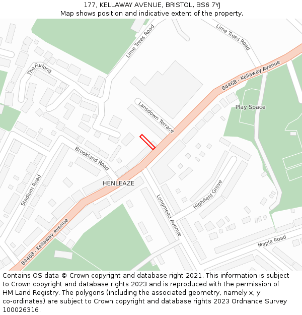 177, KELLAWAY AVENUE, BRISTOL, BS6 7YJ: Location map and indicative extent of plot