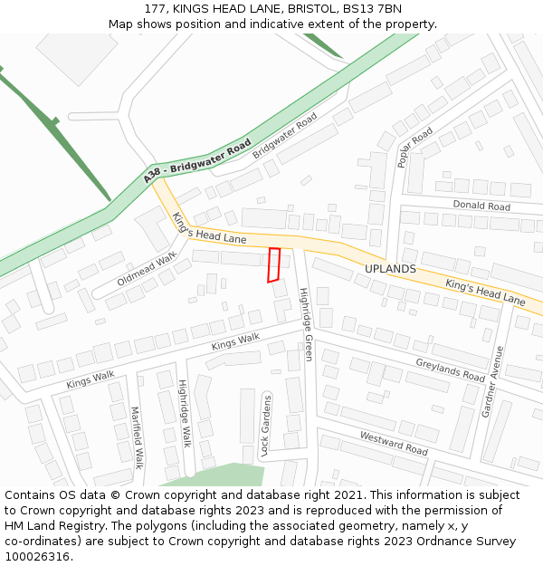 177, KINGS HEAD LANE, BRISTOL, BS13 7BN: Location map and indicative extent of plot
