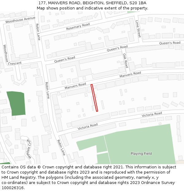 177, MANVERS ROAD, BEIGHTON, SHEFFIELD, S20 1BA: Location map and indicative extent of plot