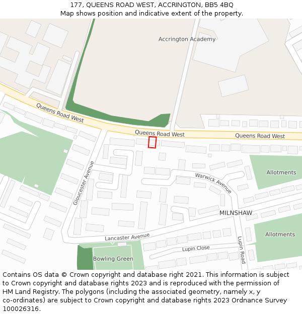 177, QUEENS ROAD WEST, ACCRINGTON, BB5 4BQ: Location map and indicative extent of plot