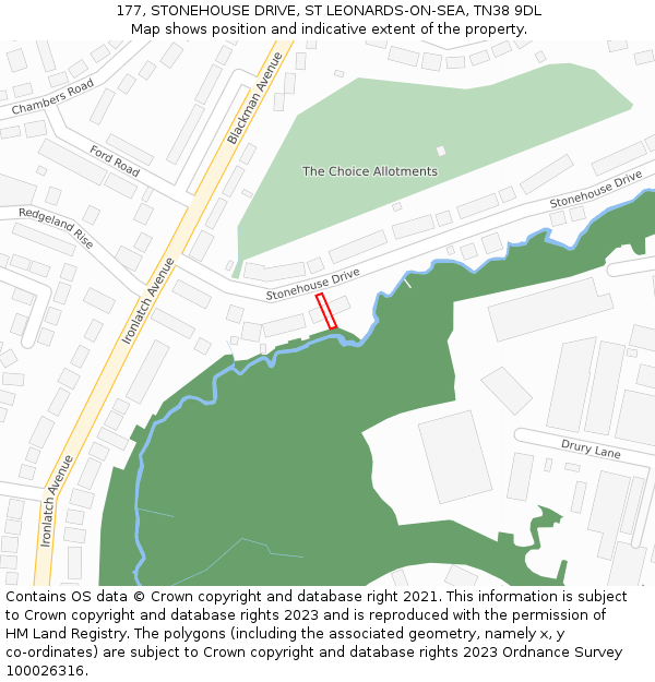 177, STONEHOUSE DRIVE, ST LEONARDS-ON-SEA, TN38 9DL: Location map and indicative extent of plot