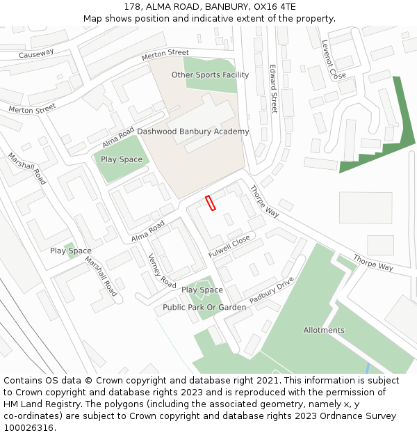 178, ALMA ROAD, BANBURY, OX16 4TE: Location map and indicative extent of plot