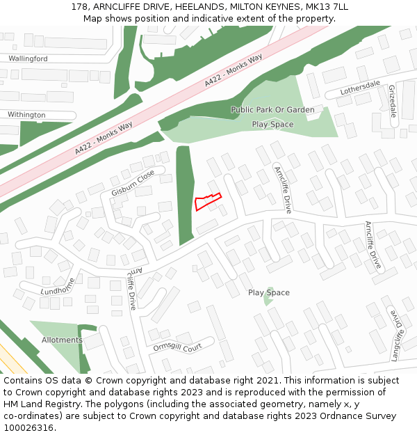 178, ARNCLIFFE DRIVE, HEELANDS, MILTON KEYNES, MK13 7LL: Location map and indicative extent of plot