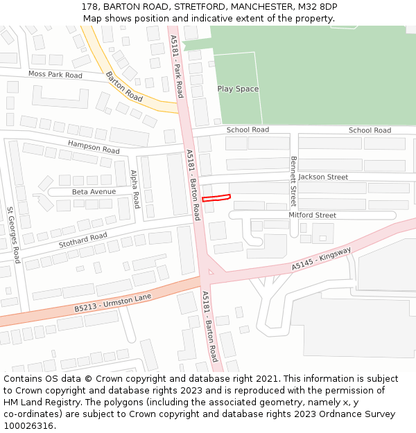 178, BARTON ROAD, STRETFORD, MANCHESTER, M32 8DP: Location map and indicative extent of plot