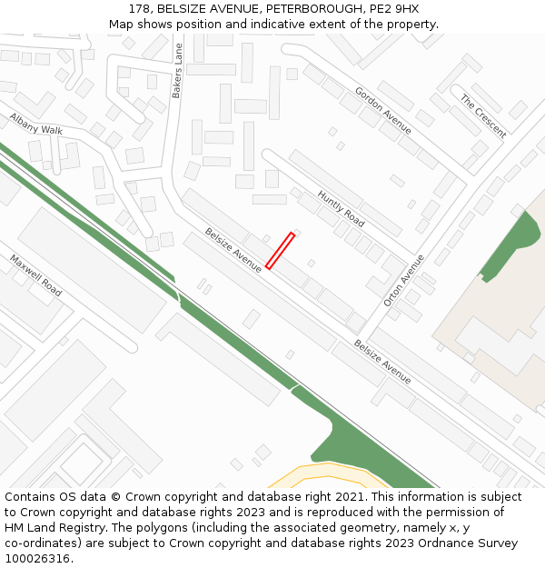 178, BELSIZE AVENUE, PETERBOROUGH, PE2 9HX: Location map and indicative extent of plot
