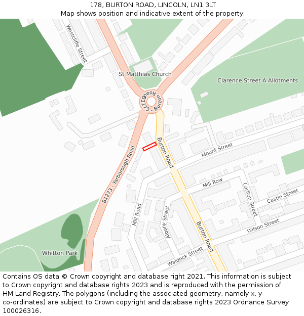 178, BURTON ROAD, LINCOLN, LN1 3LT: Location map and indicative extent of plot