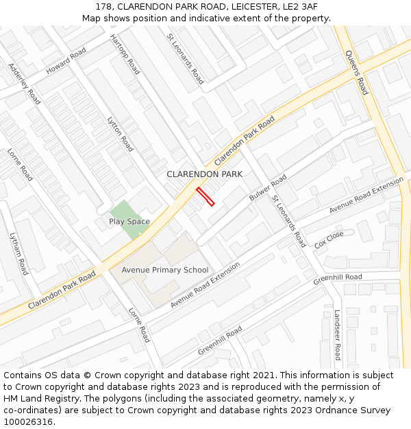 178, CLARENDON PARK ROAD, LEICESTER, LE2 3AF: Location map and indicative extent of plot