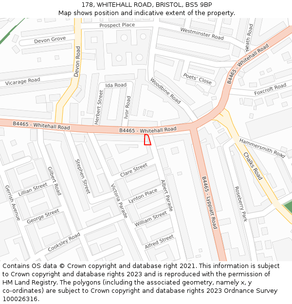 178, WHITEHALL ROAD, BRISTOL, BS5 9BP: Location map and indicative extent of plot