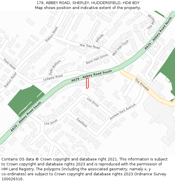 179, ABBEY ROAD, SHEPLEY, HUDDERSFIELD, HD8 8DY: Location map and indicative extent of plot