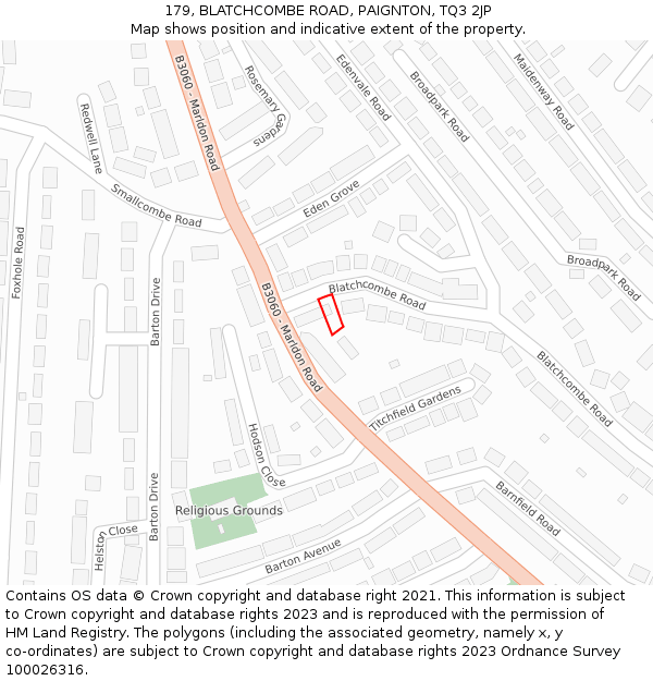 179, BLATCHCOMBE ROAD, PAIGNTON, TQ3 2JP: Location map and indicative extent of plot